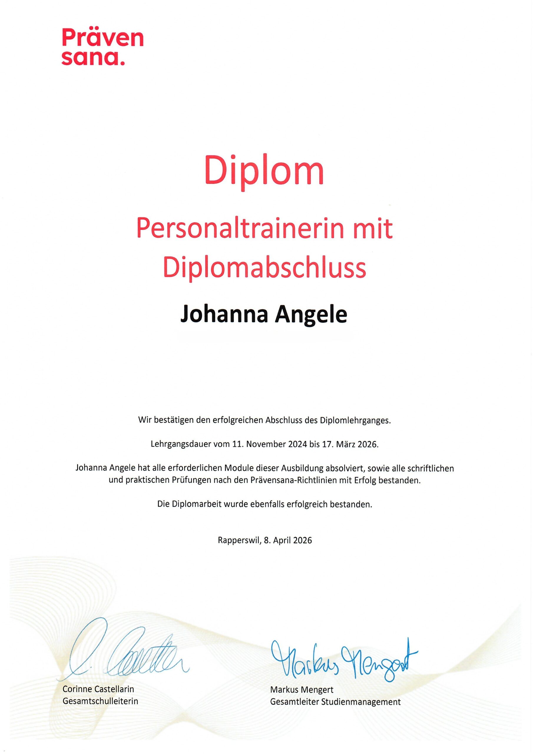 Diplom Personaltrainer Praevensana Jo Angele