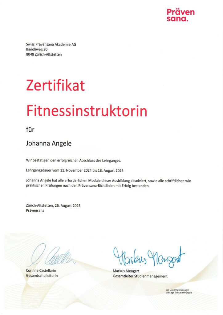 Zertifikat Fitnessinstruktorin Jo Angele